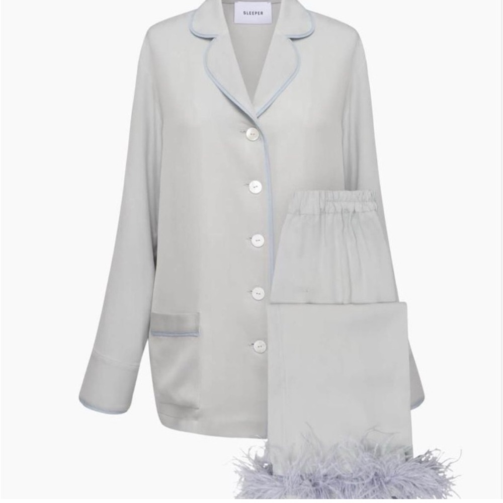 SLEEPER Feather Trim Pajama Set in Light Gray XL (Blue Dove)